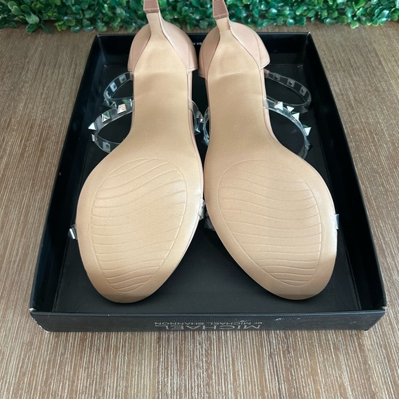 Michael Shannon Nude Studded Heels Size 9 Clear Strap Sandals Block Dressy NEW - Picture 14 of 14